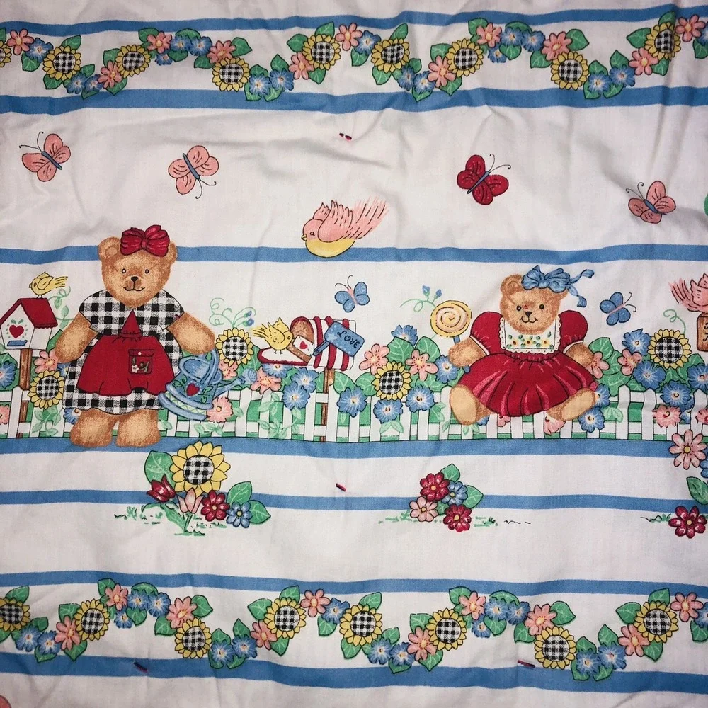 VTG Rag Denim Jean Baby Quilt Blanket 2 Sided Bears Flower Upcycled Handmade